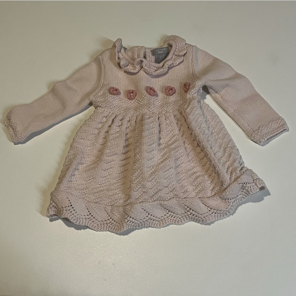Infant Tahari Baby Light Pink Knit Dress with 3D Flowers. Size 6-9M